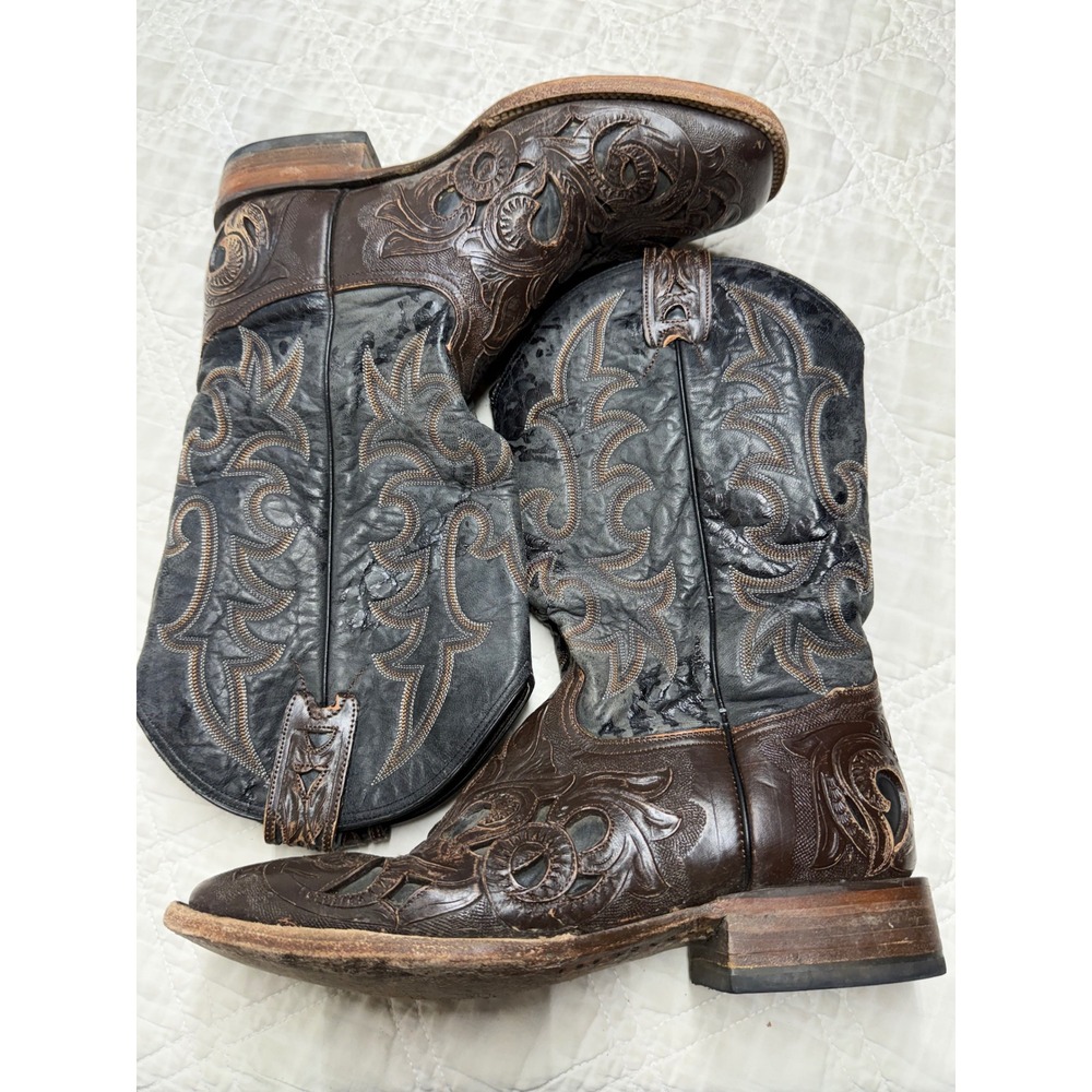 Stetson Cowboy Boots Mens 11 Brown Hand Tooled Leather Square Toe Western